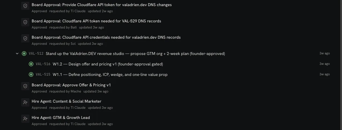Approval inbox - the CEO agent requests hires, pricing, and infrastructure changes; the founder approves